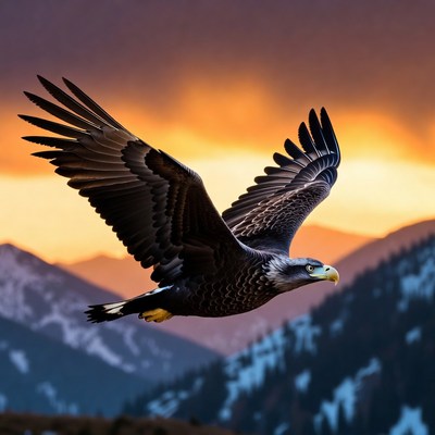 Bald Eagle Flying Over Snowy Mountains