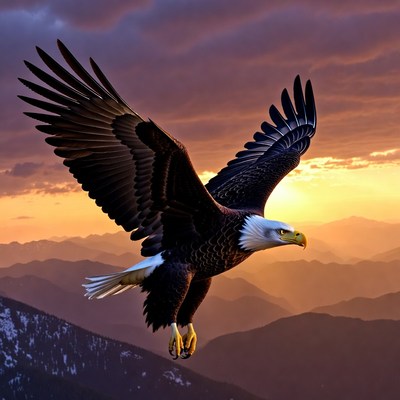 Bald eagle flying over mountains