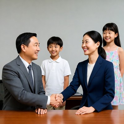 Asian family shaking hands with businessman