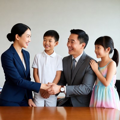 Asian family shaking hands with businesswoman