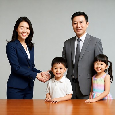 Asian family shaking hands with agent