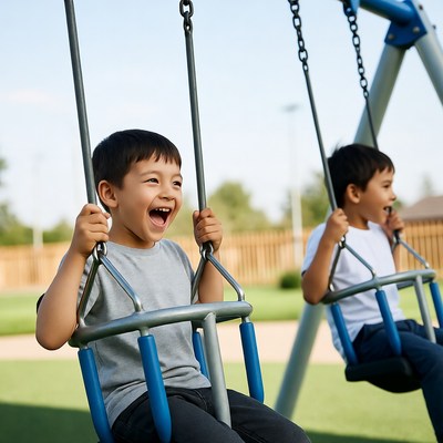 Asian boys swinging on playground swings