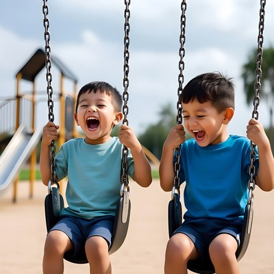 Two Asian boys swinging on playground swings