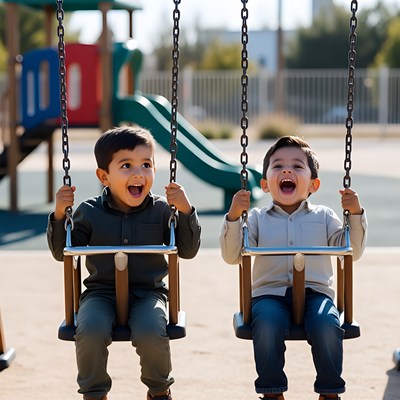 Two boys swinging on playground swings