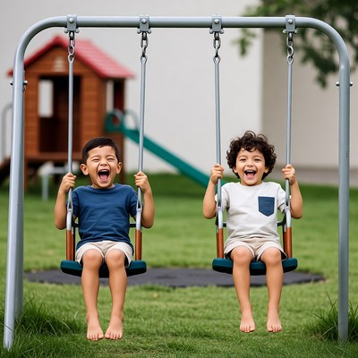 Two boys swinging on playground swings