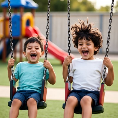 Two boys laughing on playground swings