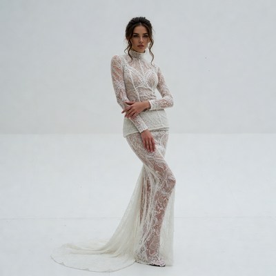 Woman in white lace gown
