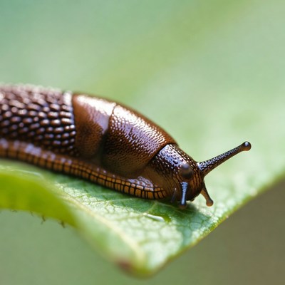 Brown snail on green leaf