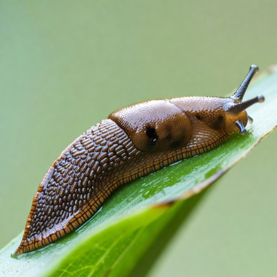 Brown slug on green leaf