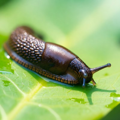 Snail on green leaf