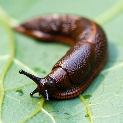 Brown slug on green leaf