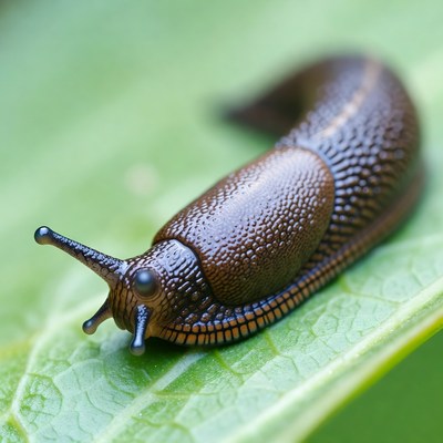 Brown slug on green leaf