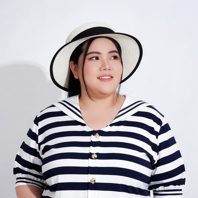 Asian woman in straw hat striped sailor top