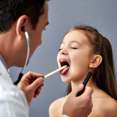 Doctor examining girl's throat