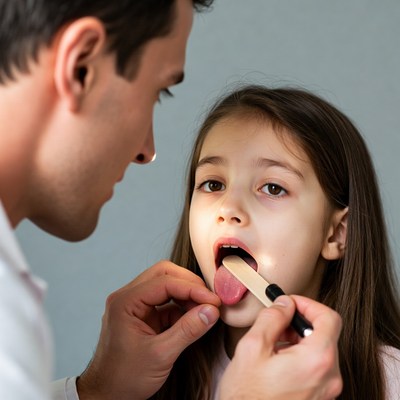 Doctor examining girl's throat