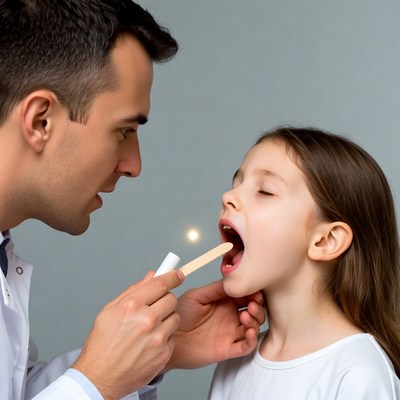 Doctor examining girl's throat