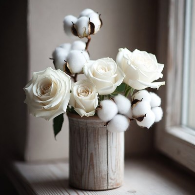 White Roses and Cotton Flowers Bouquet