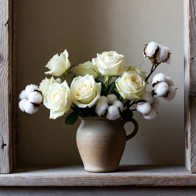 White Roses with Cotton Bolls