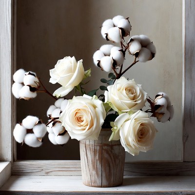 White Roses and Cotton Flowers