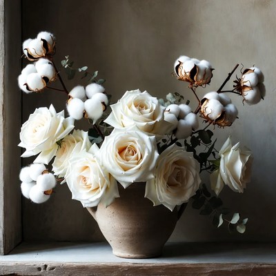 White Roses and Cotton Bouquet in Vase