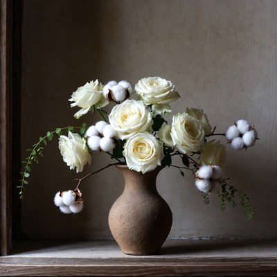 White Roses and Cotton Flowers in Vase
