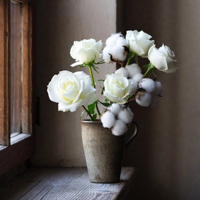 White Roses and Cotton in Vase