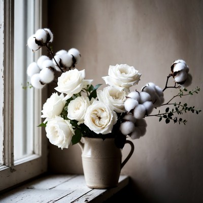 White Roses and Cotton Flowers in Jug