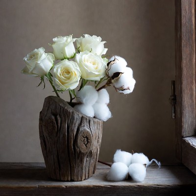White Roses and Cotton in Wooden Vase