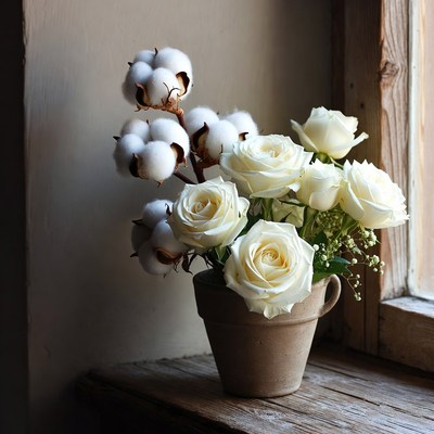 White Roses and Cotton Bouquet