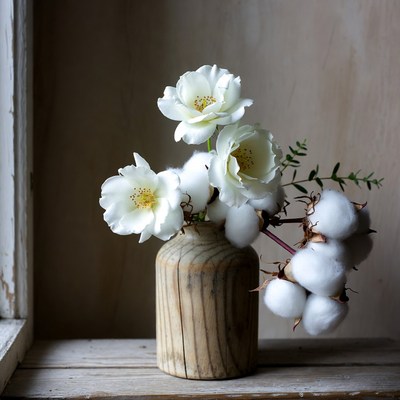 White Roses and Cotton in Vase