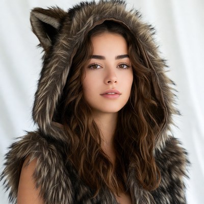 Woman in wolf ear fur hood