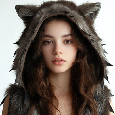 Woman wearing wolf fur hood