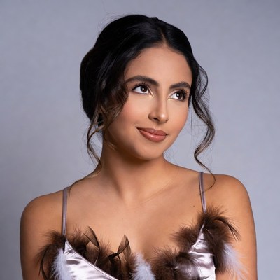 Woman in feathered slip dress