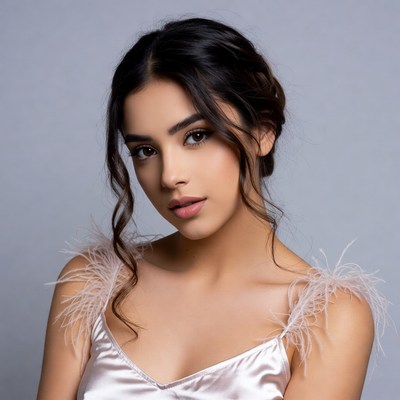 Woman in pink feathered dress