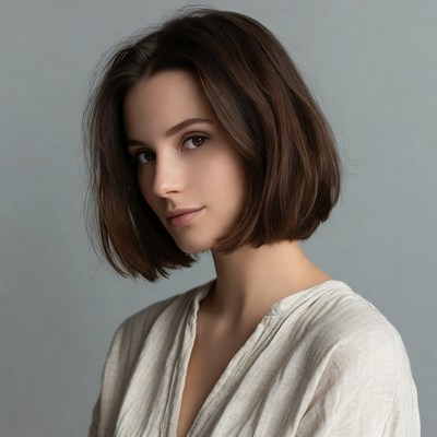 Woman with bob haircut in white blouse
