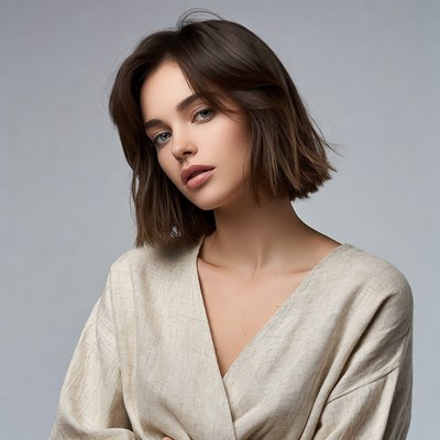 Woman with bob haircut in beige dress