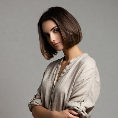 Woman with bob haircut arms crossed