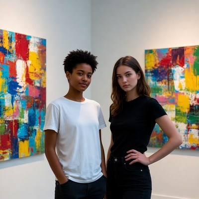 Two women posing in art gallery