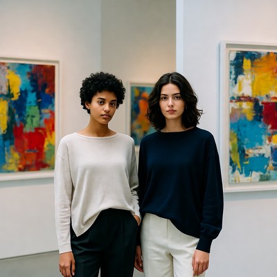 Two women standing in art gallery