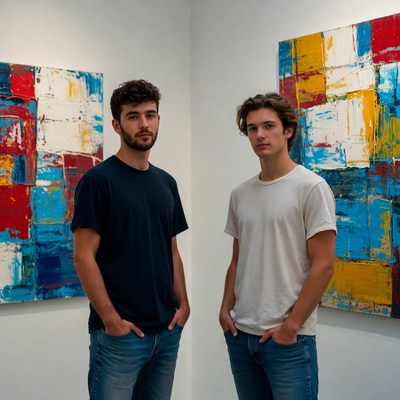 Two young men standing with abstract paintings