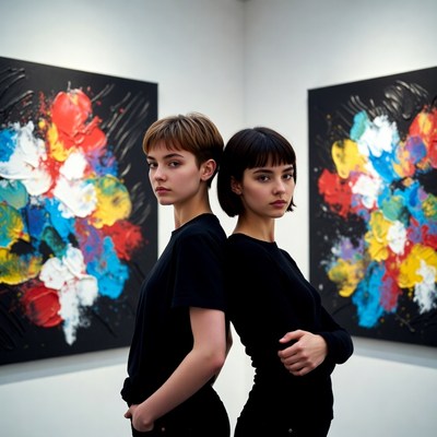 Two women posing in art gallery