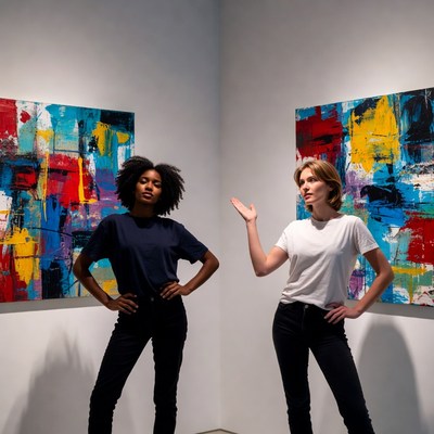 Two women posing before abstract paintings