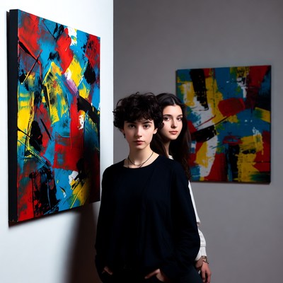 Two girls standing with abstract paintings