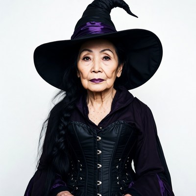 Elderly Asian woman in witch costume
