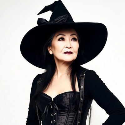 Asian woman in black witch hat
