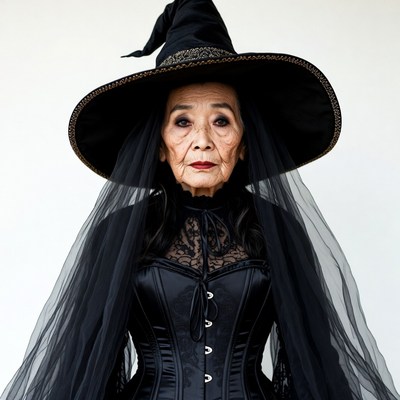 Elderly Asian woman in witch costume