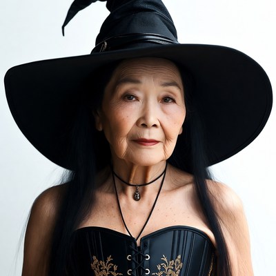 Elderly Asian woman in witch costume