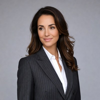 Woman in pinstripe suit smiling