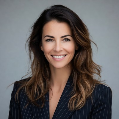 Smiling woman in pinstripe suit