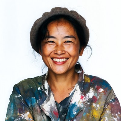 Smiling Asian woman in paint-splattered jacket